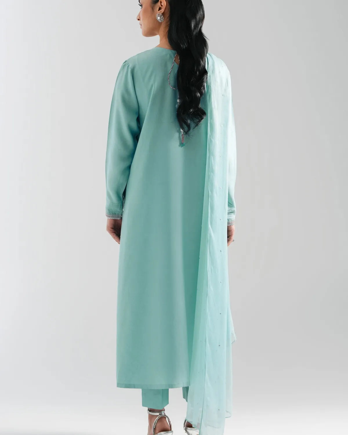 A woman shown from the back wearing a mint green traditional outfit with a matching sheer dupatta, photographed against a light gray studio background.