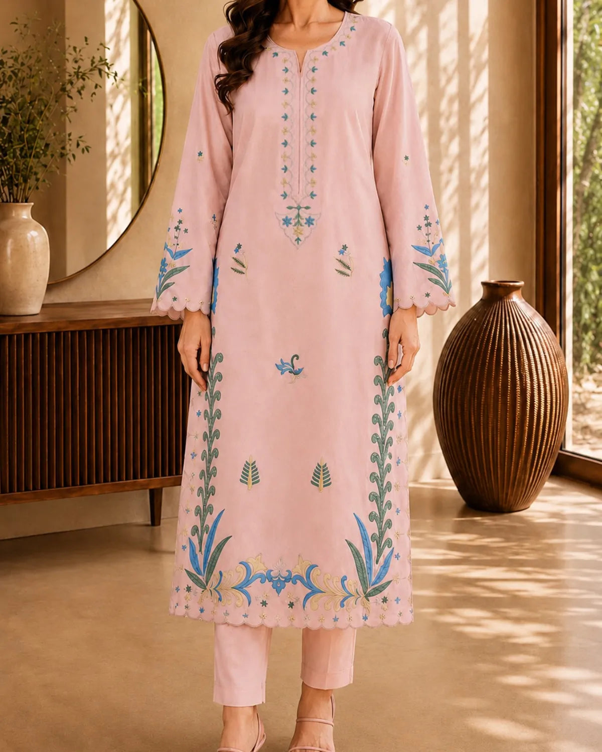 Person wearing a pink embroidered outfit in a room with decorative vases and plants.