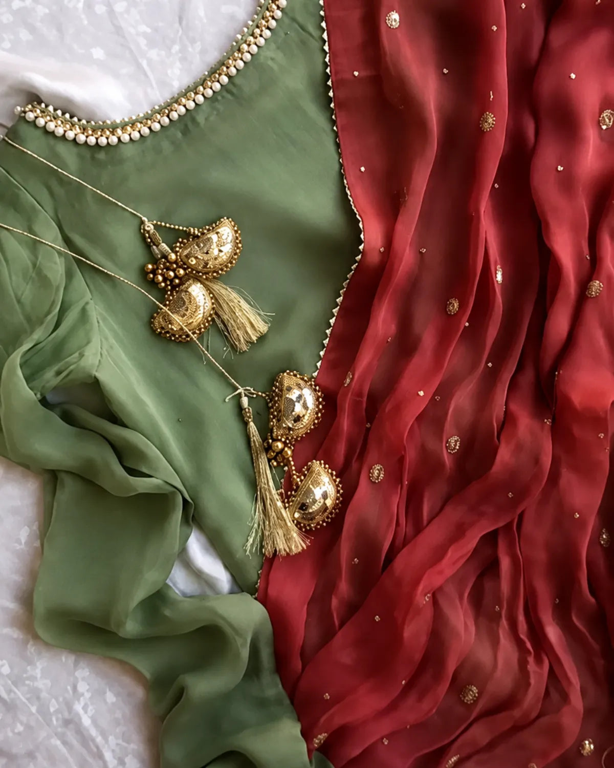 A close-up of a traditional outfit laid flat, featuring an olive green blouse with gold beaded neckline trim, a red sheer dupatta with small gold motifs, and ornate gold tassel jewelry placed on top.