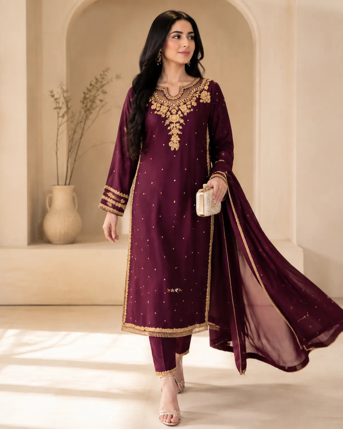 A woman models a deep maroon ethnic salwar kameez suit with gold embroidery, matching trousers, and a sheer dupatta draped over her arm, set against a warm beige architectural background.