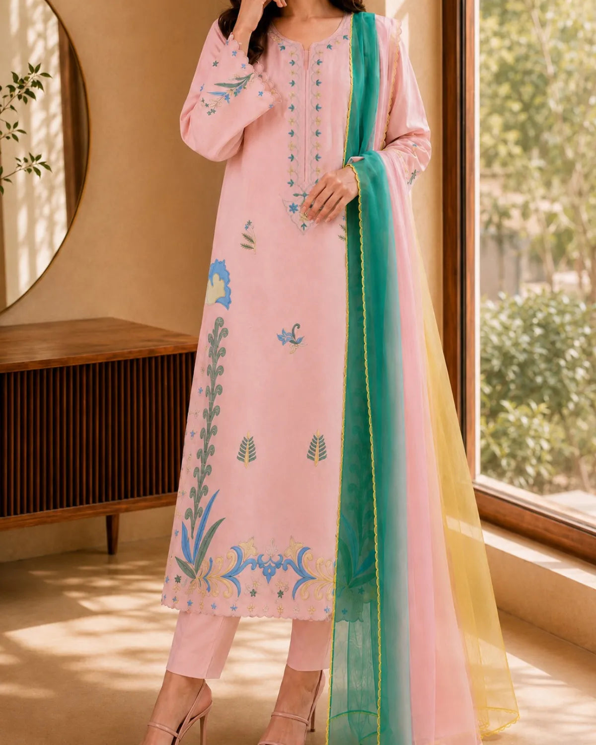 Woman wearing a pink embroidered outfit with a green and yellow dupatta in a room with a window.