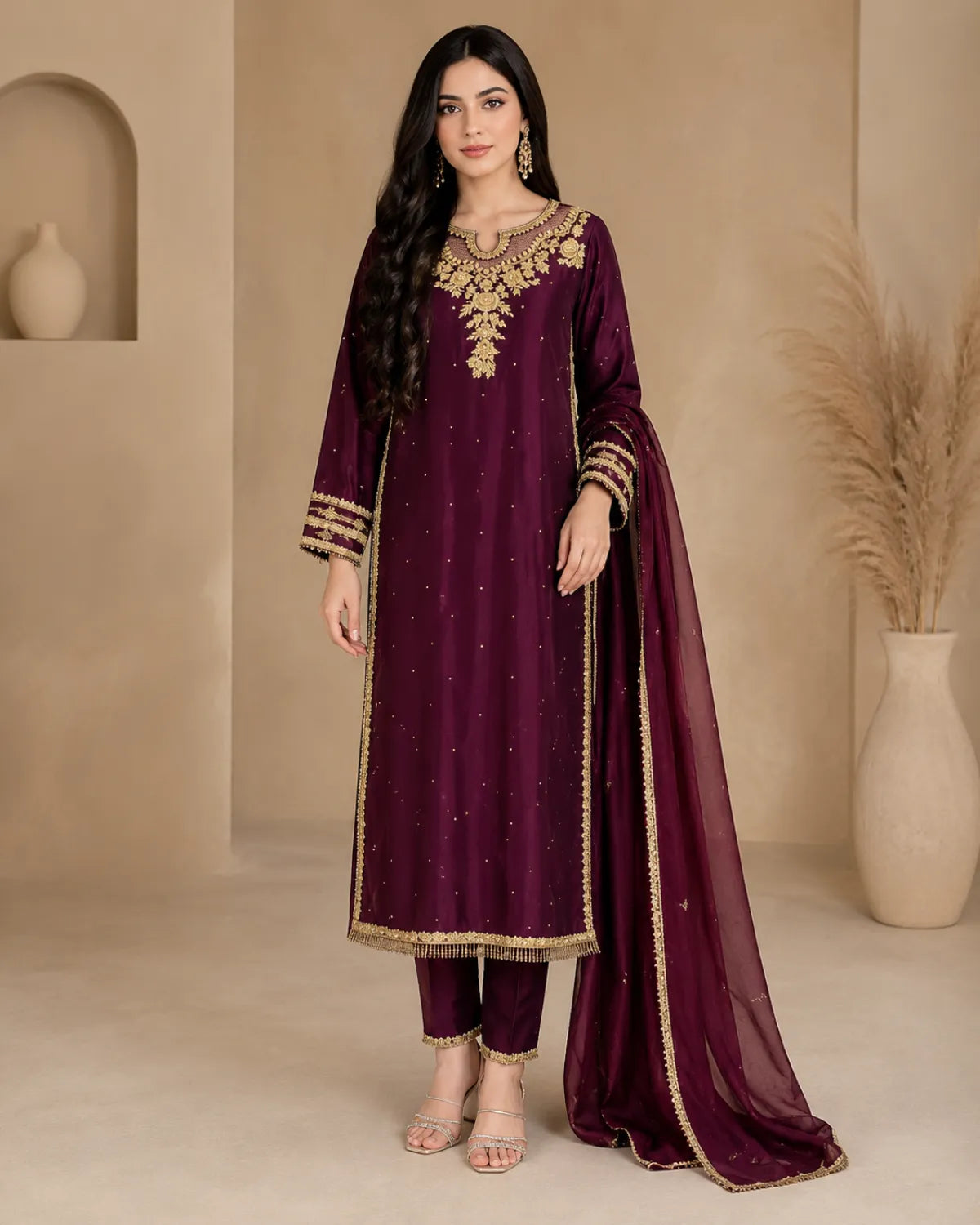 A woman models a deep purple traditional Indian outfit with gold embroidery, matching pants, and a sheer dupatta, set against a warm beige background with decorative vases.