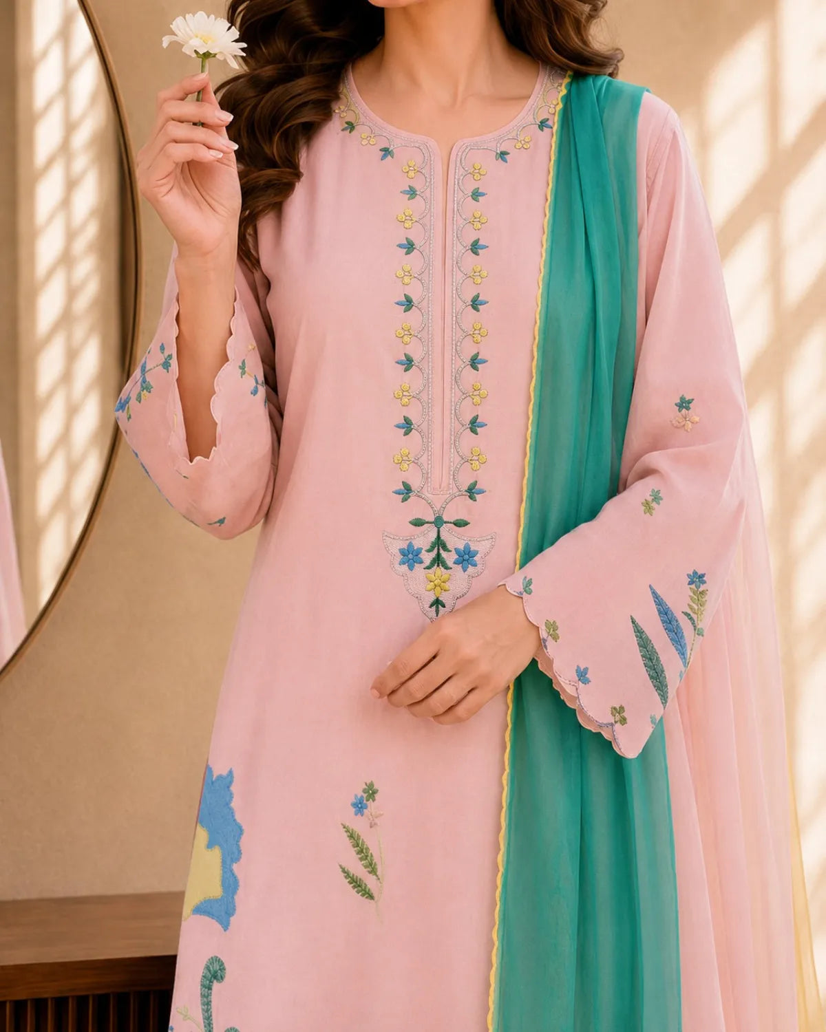 Pink embroidered dress with a green dupatta held by a person against a neutral background