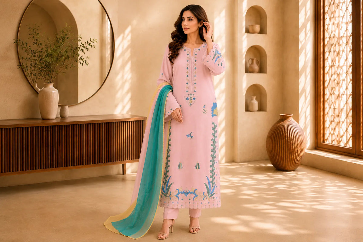 A woman models a light pink traditional outfit with blue and green embroidery, paired with a teal dupatta, in a warm, sunlit room with beige walls and wooden accents.