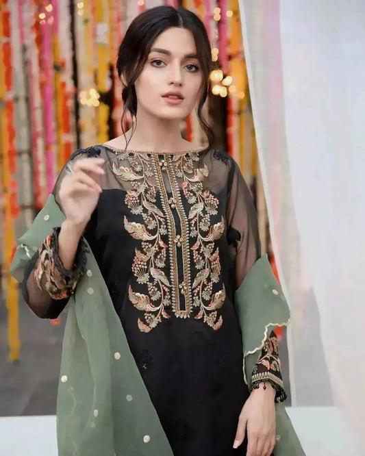 Woman wearing a black embroidered outfit with a green dupatta against a colorful background