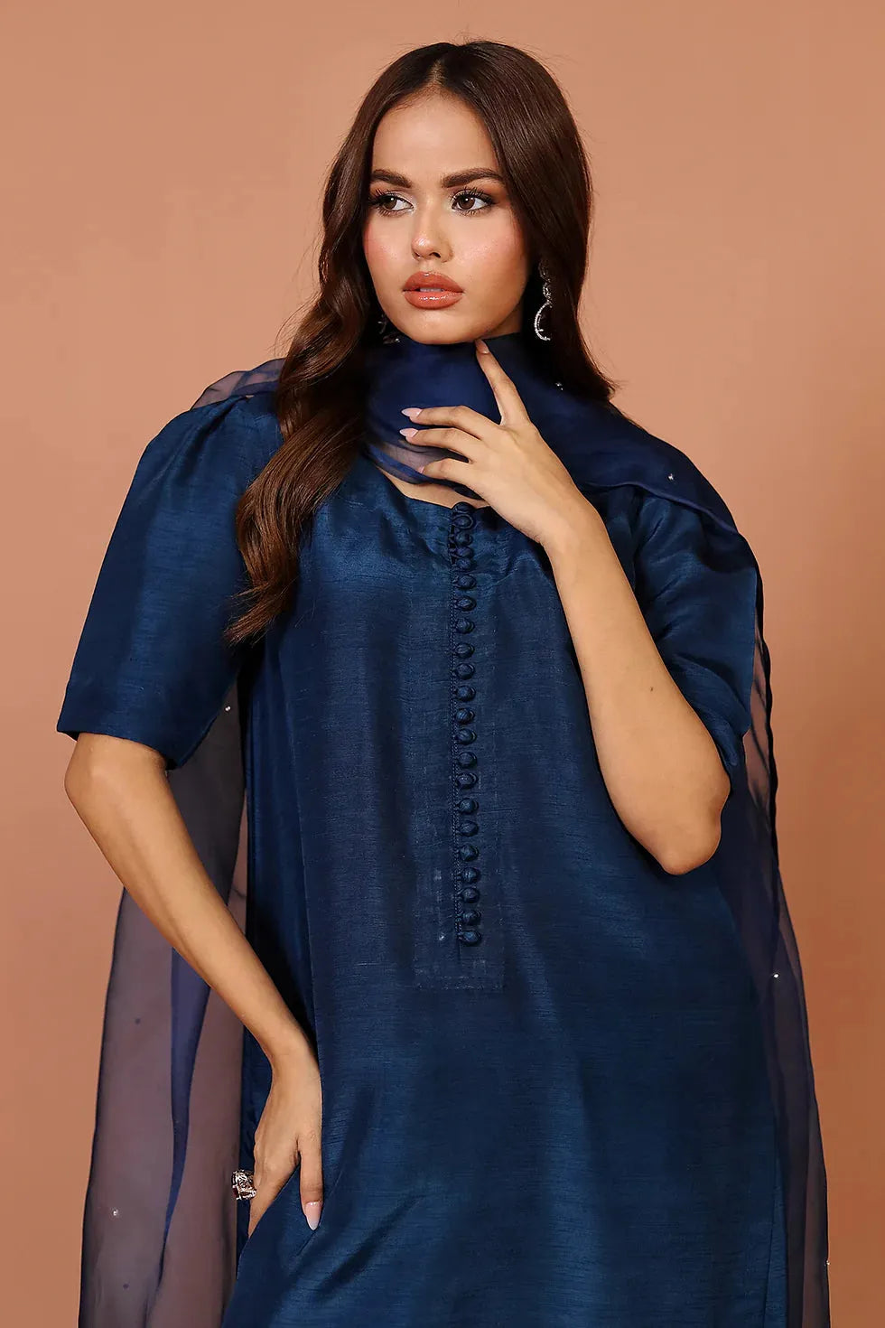 Woman wearing a blue dress with sheer sleeves against a brown background