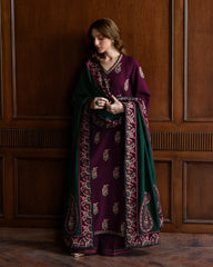 “Elegant deep plum winter outfit with intricate Kashmiri embroidery and green shawl, featuring floral and paisley motifs, detailed sleeves, and handcrafted borders — traditional luxury women’s wear by Abgeen.”
