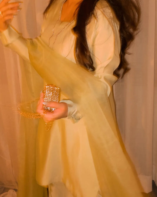 Person holding a glass with a yellowish liquid against a neutral background