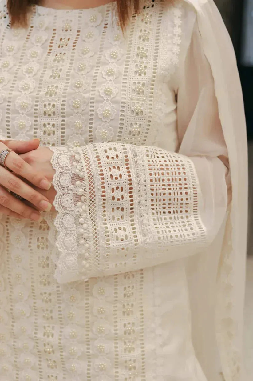Close-up of a white embroidered outfit with a sheer overlay.