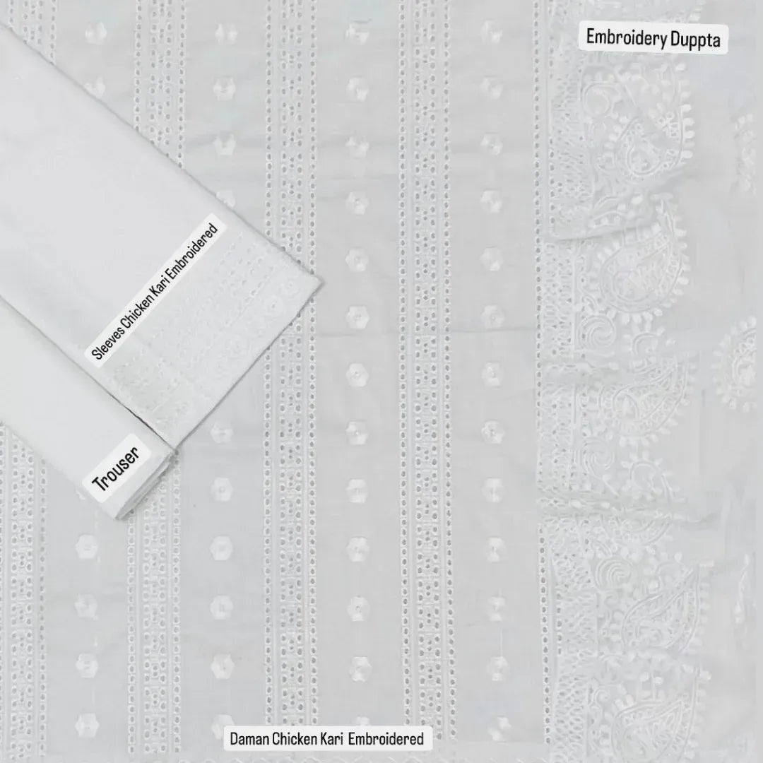Embroidered fabric with text labels on a white background