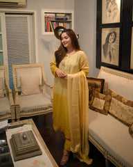 Elegant ombre gold and olive green embroidered silk dress for women — premium stitched 3-piece suit with dupatta, festive wear by Abgeen.