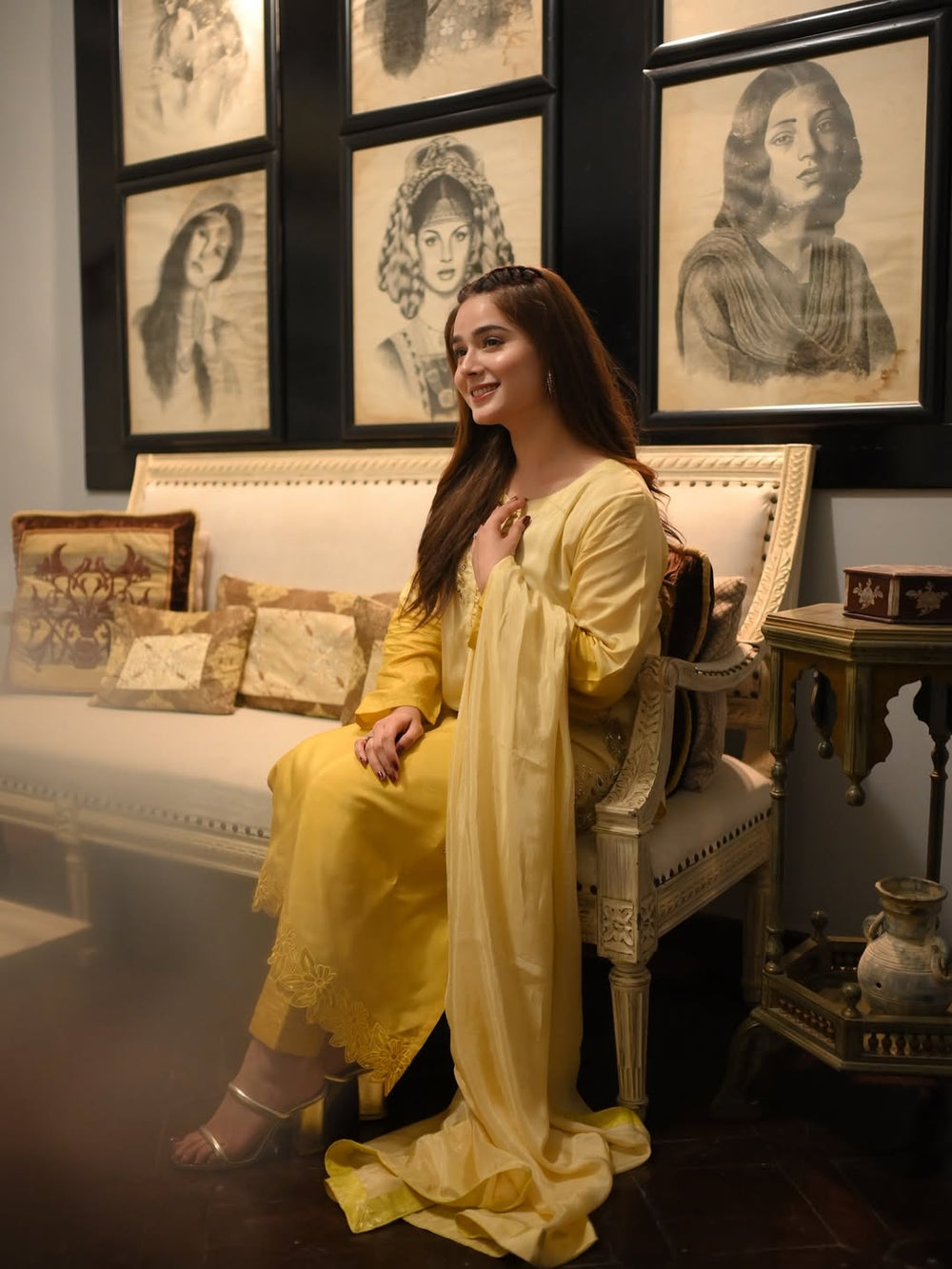 Elegant ombre gold and olive green embroidered silk dress for women — premium stitched 3-piece suit with dupatta, festive wear by Abgeen.