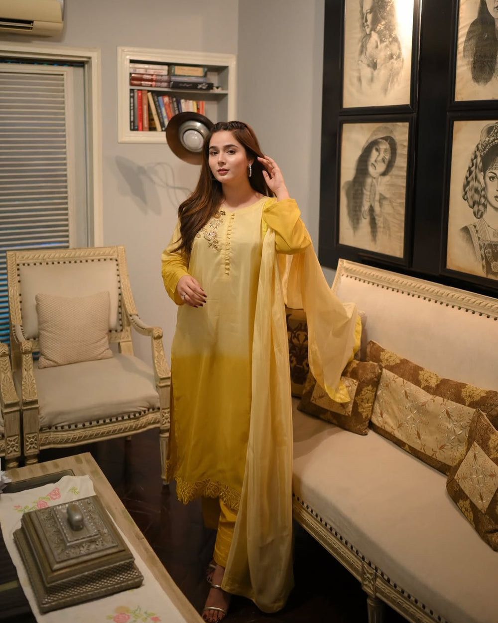 Elegant ombre gold and olive green embroidered silk dress for women — premium stitched 3-piece suit with dupatta, festive wear by Abgeen.